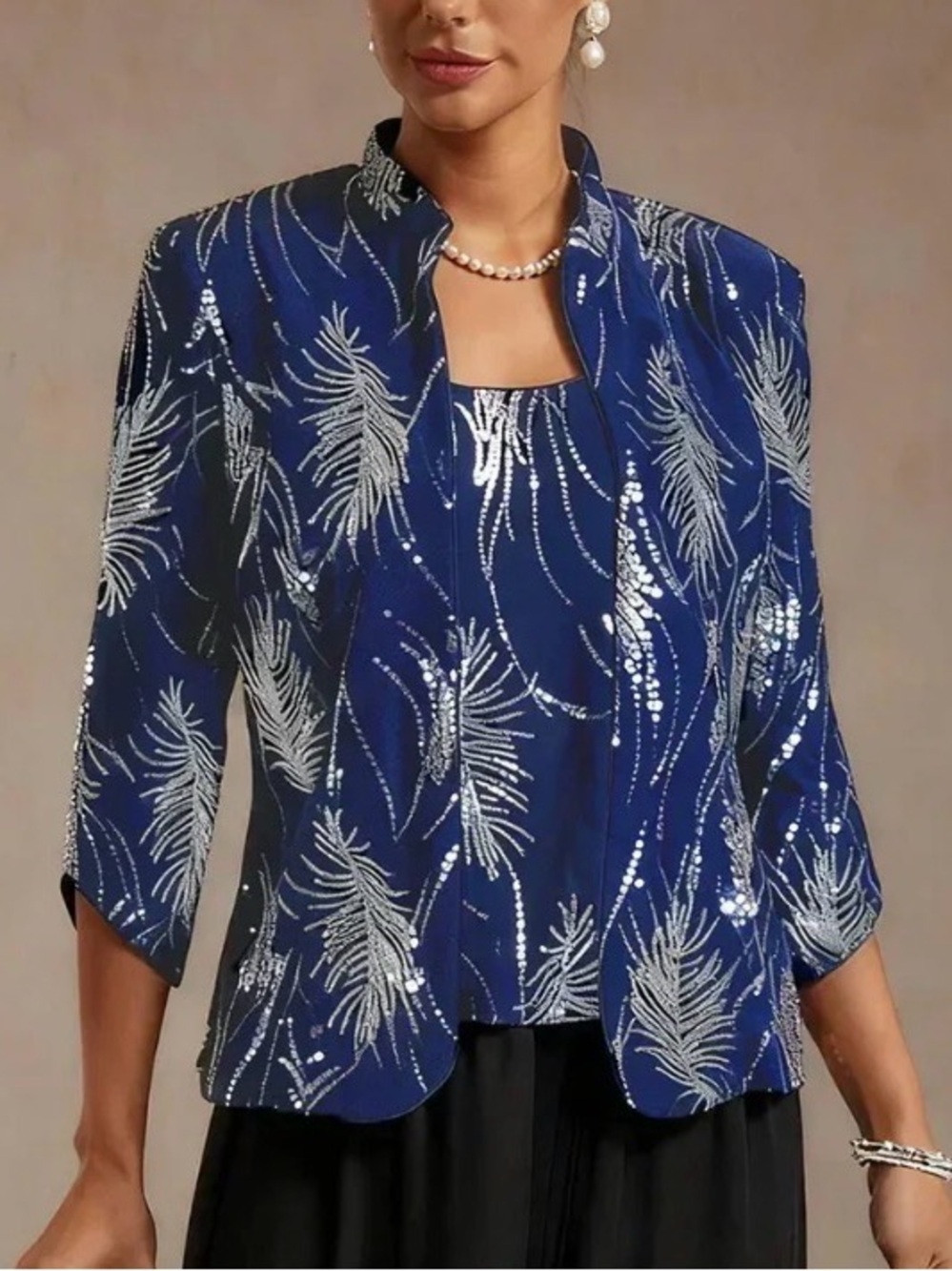 Elegant Mandarin Collar Sequin Twinset Royal Blue